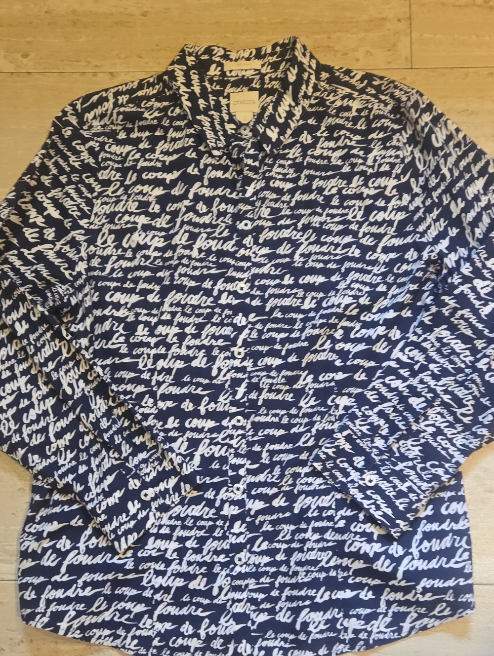 Chico's No Iron Deep Navy "Le Coup de Foudre" Button-Down Shirt - Picture 1 of 5